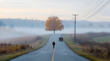 Vintage automobile parked on a quiet country road enveloped in early morning fog the first soft light of dawn creating a magical and peaceful scene