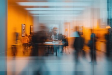 A blurred view through a glass door into a busy office space, with people moving around and working.