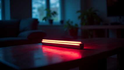 Poster - Neon light shines on wooden table in dimly lit room with blurry background and dark interior surroundings.