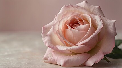 Wall Mural - A close-up of a delicate pink rose in full bloom, with soft, velvety petals unfolding gracefully.