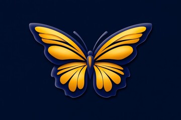 Poster - Butterfly with gold wings is shown on a blue background. butterfly is the main focus of image, its bright colors create a sense of joy, freedom. blue background adds a calming, serene touch to scene