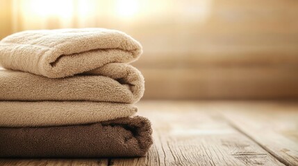 Fototapete - Soft towels in beige and brown are arranged on a wooden floor, bathed in gentle sunlight, enhancing the inviting, warm feel of the room. Generative AI