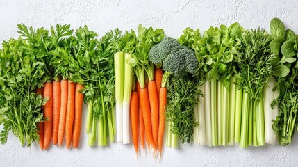 A fresh and colorful selection of raw food ingredients, including vibrant carrots, crunchy celery, and various leafy greens, elegantly displayed on a white background for a clean look.