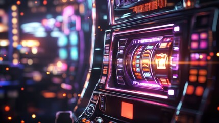 Fototapete - A row of futuristic slot machines features bright, flashing lights and spinning reels, creating excitement in a bustling casino environment. Generative AI