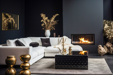 Creative composition of living room interior with modular beige sofa, black coffee table, armchair, rug, black wall, vase with dried flowers and personal accessories. Home decor.