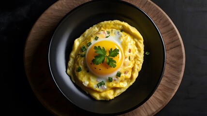 Delicious fried cheese omelette garnished with fresh parsley herbs, poultry egg yolk cooked healthy breakfast meal on black plate