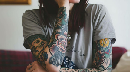 A young woman with colorful tattoos on her arms is sitting on a couch. She is wearing a gray t-shirt and has her hand on her chin.