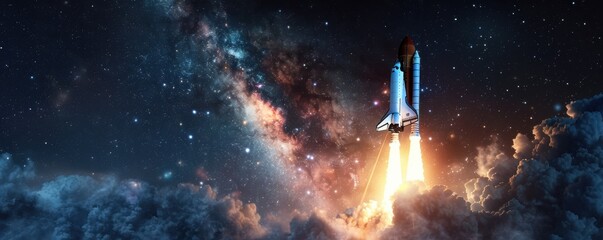 Wall Mural - space shuttle launching into the starry sky, 4k hyperrealistic photo