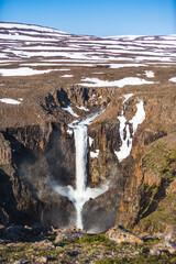 Wall Mural - Waterfall and rainbow on the Hikikal River, Putorana Plateau. Russia, Siberia