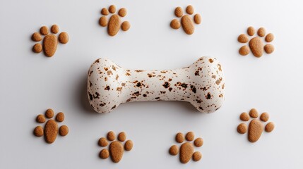 A playful dog bone adorned with cute paw prints on a clean white background, showcasing detailed textures for a fun and engaging pet-themed design.