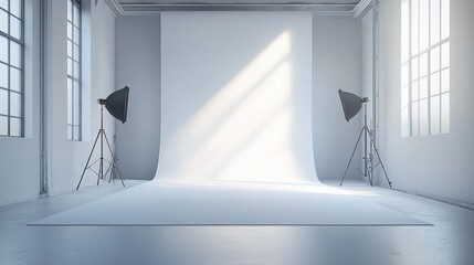 Poster - A pristine blank white background with soft, diffused lighting creating a calm and neutral atmosphere, ideal for showcasing products or artwork.