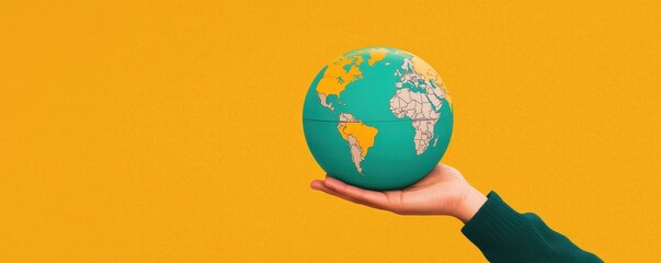 A colorful globe held in a hand against a vibrant yellow background, representing global awareness and connection.