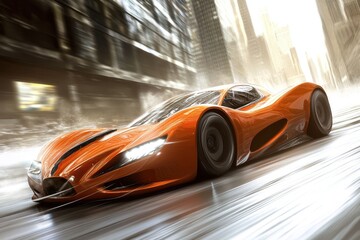 A sleek orange sports car speeds through a city street, leaving a blur of motion in its wake.