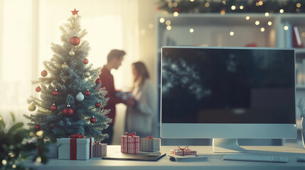 office desk adorned with a tabletop Christmas tree and garlands, with collegues giving presents to each other in the background. Last working day, corporate party new year disco