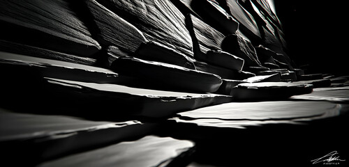 Canvas Print - Abstract black and white depiction of layered rock formations. Black and white background images -