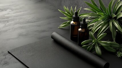 Poster - A tranquil setup with a yoga mat, essential oils, and a plant on a clear black background, highlighting the connection between aromatherapy and wellness practices.