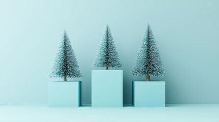 A minimalist three tree decoration on white stands against a light grey background.