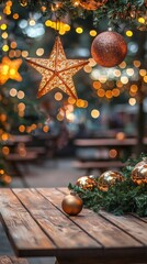 A festive outdoor Christmas scene featuring ornaments and lights.