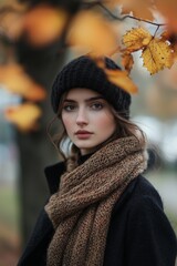 Wall Mural - female autumn portrait in knitted scarf Generative AI