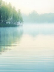 Aufkleber - this serene lake showcases a gentle mist curling above the surface, with tranquil reflections of tre