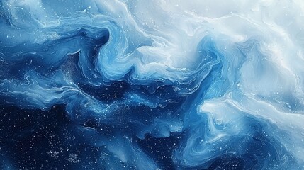 Fototapete - Abstract fluid winter background with swirling blues, frosty whites, and delicate snowflakes.