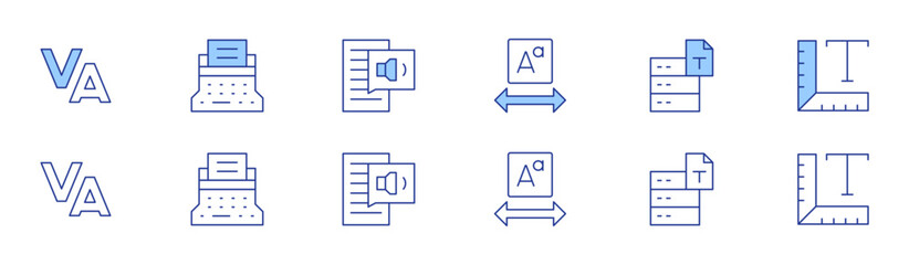 Text icon set in two styles, Duotone and Thin Line style. Editable stroke. font, text, size, tracking, typewriter, text to speech