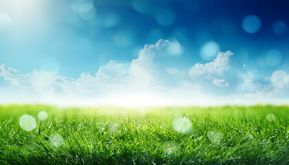 Aufkleber - Green grass and blue sky abstract background with bokeh style for World Environment Day vis_1(523)