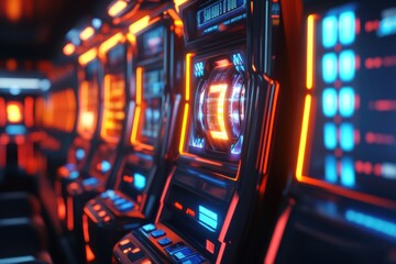 Aufkleber - A row of glowing slot machines features spinning reels and bright lights, creating an electrifying atmosphere in the gaming area. Generative AI