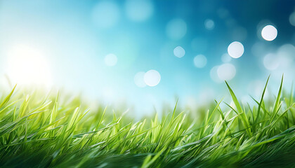 Aufkleber - Green grass and blue sky abstract background with bokeh style for World Environment Day vis_1(521)