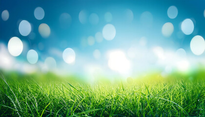 Aufkleber - Green grass and blue sky abstract background with bokeh style for World Environment Day vis_1(522)