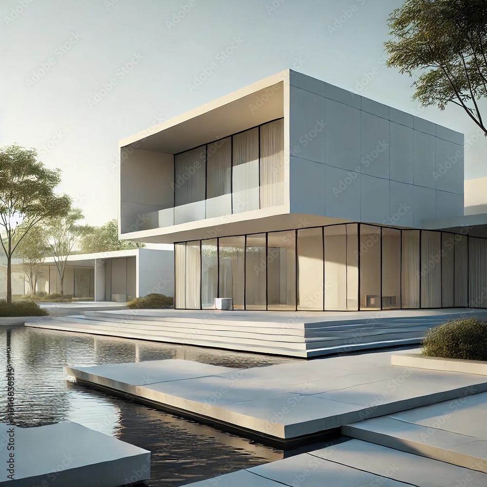A minimalist modern building featuring clean, geometric lines and an ...