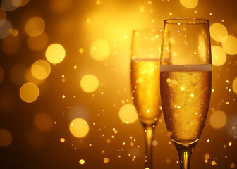 Aufkleber - Golden sparkle shines with a subtle bokeh effect and selective focus on festive backgrounds of bright gold lights and bubbly champagne bubbles.