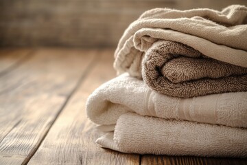 Poster - Neatly arranged soft towels in warm colors rest on a wooden surface, creating a soothing atmosphere perfect for relaxation. Generative AI
