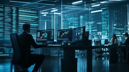 Aufkleber - A man is sitting at a desk in front of a computer monitor with a woman