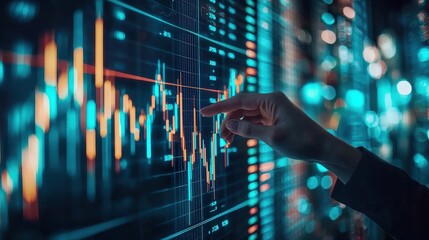 Poster - Close-up of a business professional emphasizing a growing bar graph with rising stock prices, conveying a sense of achievement in financial investments.