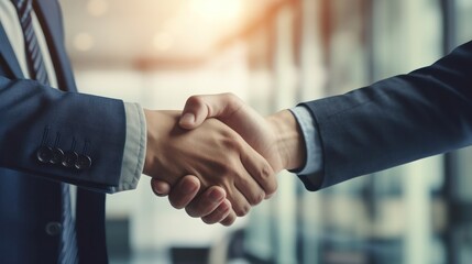 Close-up of a firm handshake between two well-dressed professionals in a high-rise corporate office with a minimalist design