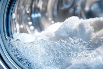 Aufkleber - The washing machine drum is packed with fluffy white towels immersed in soapy water, preparing for a thorough clean. Generative AI