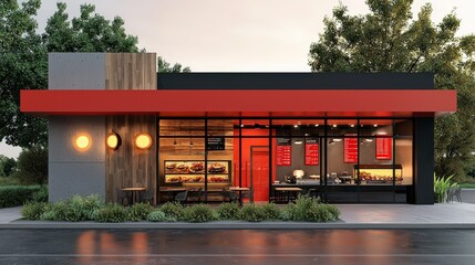 Poster - Contemporary fast food restaurant facade with an inviting look and plenty of copy space, perfect for showcasing daily specials and branding.