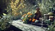 © Iuliia Metkalova - Rustic Autumn Still Life with Marigolds and Vintage Apothecary Bottles in Sunlit Garden. Generative ai