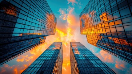 Poster - Golden sunset lighting up a city skyline, casting reflections off glass skyscrapers and painting the urban landscape in warm tones.
