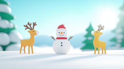 A cheerful snowman with a red hat stands between two yellow reindeer in a snowy landscape, surrounded by stylized evergreen trees.