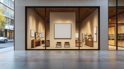 Poster - Minimalist retail storefront with a blank poster hanging in the window, ideal for advertising mockup purposes.