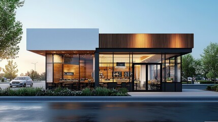 Poster - Modern fast food restaurant facade with a sleek and welcoming appearance, providing ample copy space for advertisements and specials.