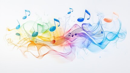 Poster - Musical notes swirling in an artistic flow, blending harmoniously with vivid brushstrokes on a clean white backdrop, representing sound in motion.