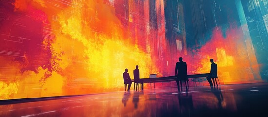 Wall Mural - four silhouettes stand in front of a large fiery wall, possibly an apocalyptic scene.