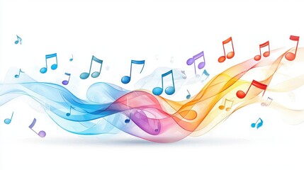 Poster - Vibrant music notes and abstract waves of color, intertwining in a visually captivating composition on a white background, symbolizing rhythm and harmony.