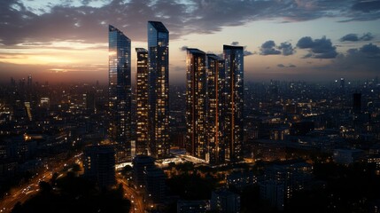 Poster - A city skyline at night with a large building in the middle