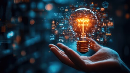 Strategy business planning ideas for investment and business growth. glowing light bulb in hand with futuristic graphic icon	
