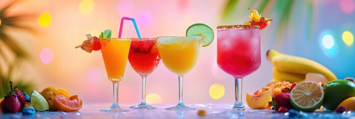 Poster - Colorful cocktails are beautifully arranged on a table adorned with snacks and fresh fruit slices, perfect for a lively summer celebration. Generative AI