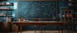 © GoDress - A vintage classroom with a chalkboard filled with equations, wooden desk, chair, shelves and a computer monitor.